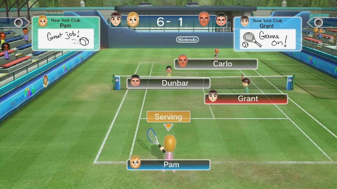 En skärmdump från ett tennisspel som visar uppmuntrande meddelanden som 'Great job!' och 'Game on!'